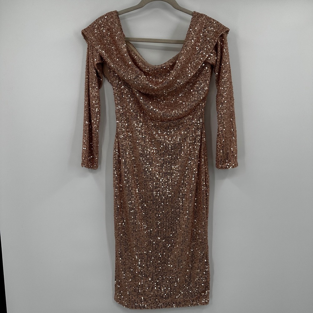 Baltic Born Sequin Cowl Off Shoulder Long Sleeve Midi Dress Rose Gold Medium